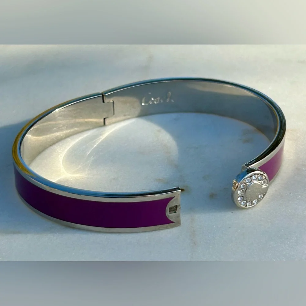 Coach Signature C Magenta Purple Silver Enameled Hinged Bangle Bracelet